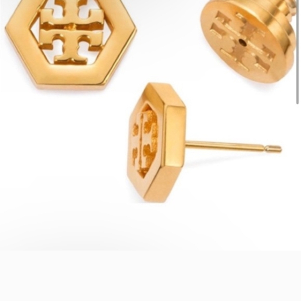 Tory Burch Gold Hexagonal Logo Stud Earrings - Polished Gold Tone